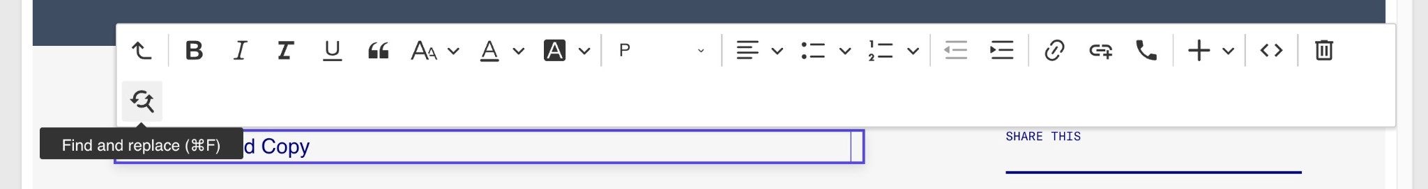 Find and replace (⌘F) tooltip in the RTE toolbar