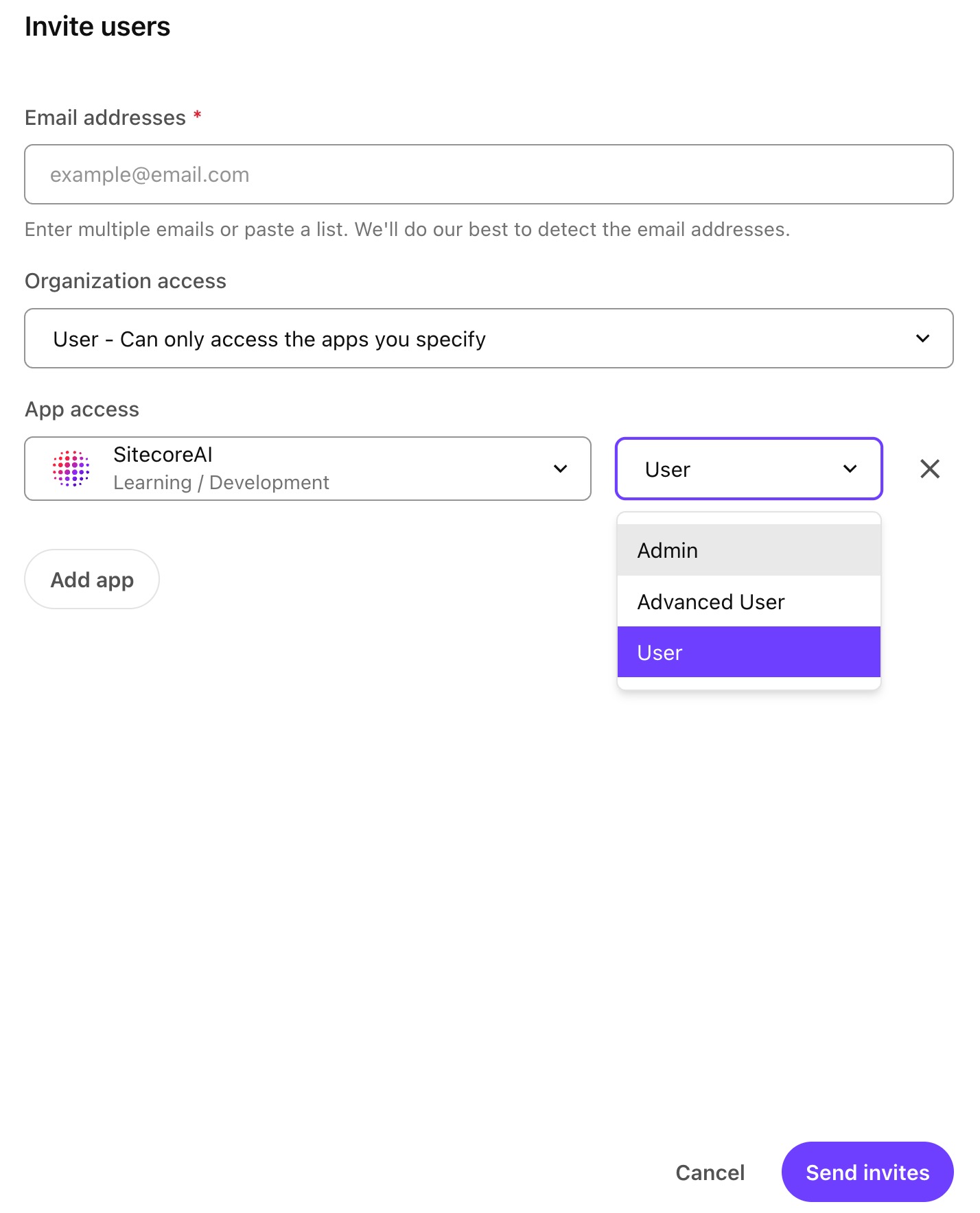 Invite user prompt in Sitecore Cloud Portal admin