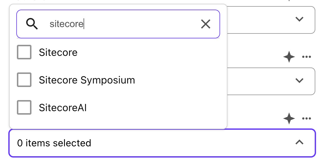 Searching for "Sitecore" now returns the expected options in the Multilist with Search field