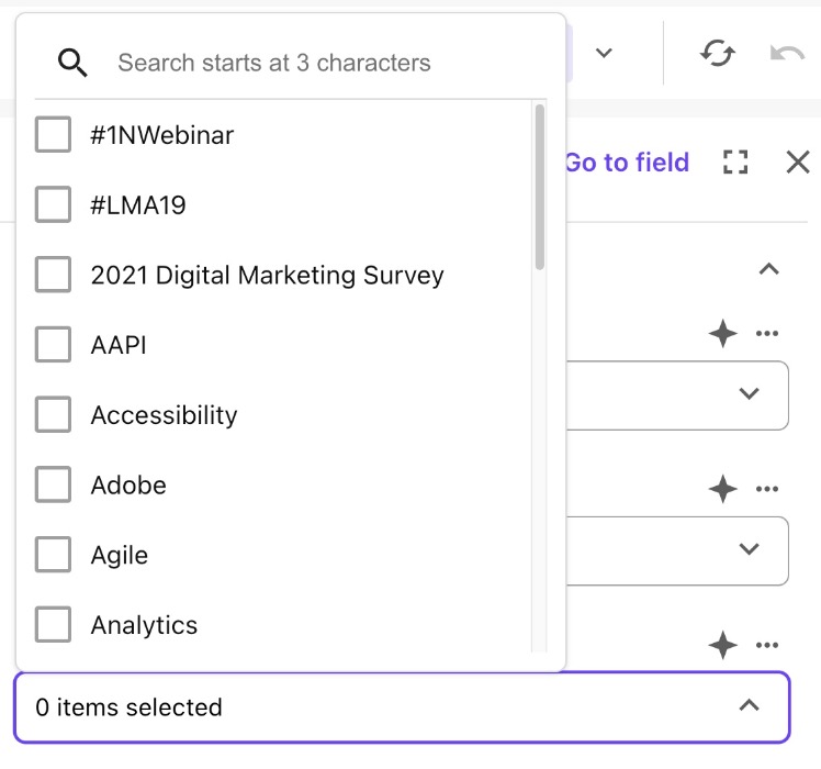 Multilist with Search field showing item display names, including one with a # character