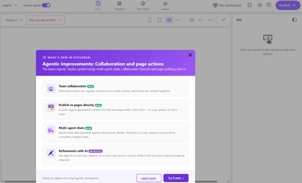 What's New in SitecoreAI popup — Agentic improvements: Collaboration and page actions