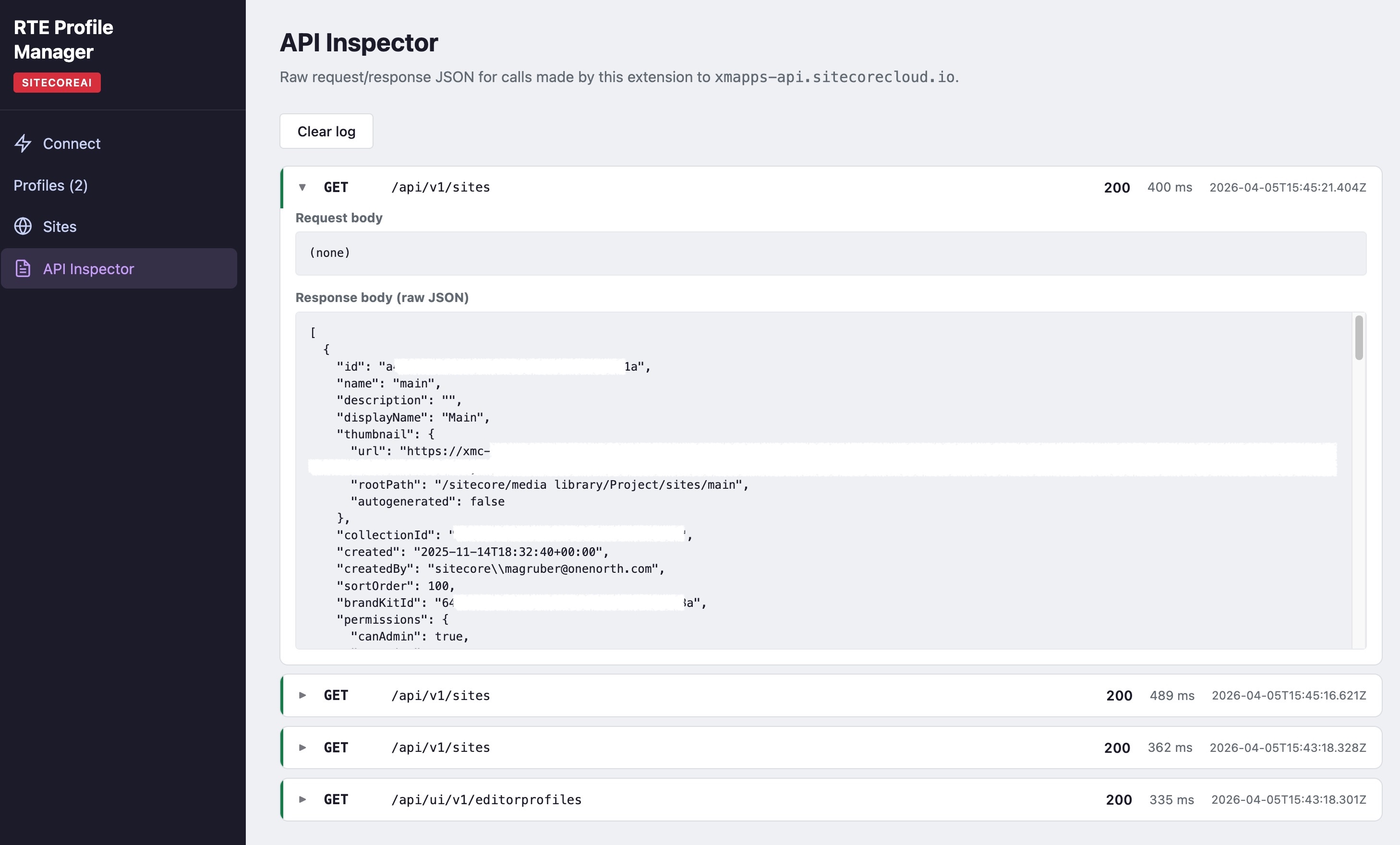 API Inspector in RTE Profile Manager — raw request and response JSON for xmapps-api.sitecorecloud.io calls