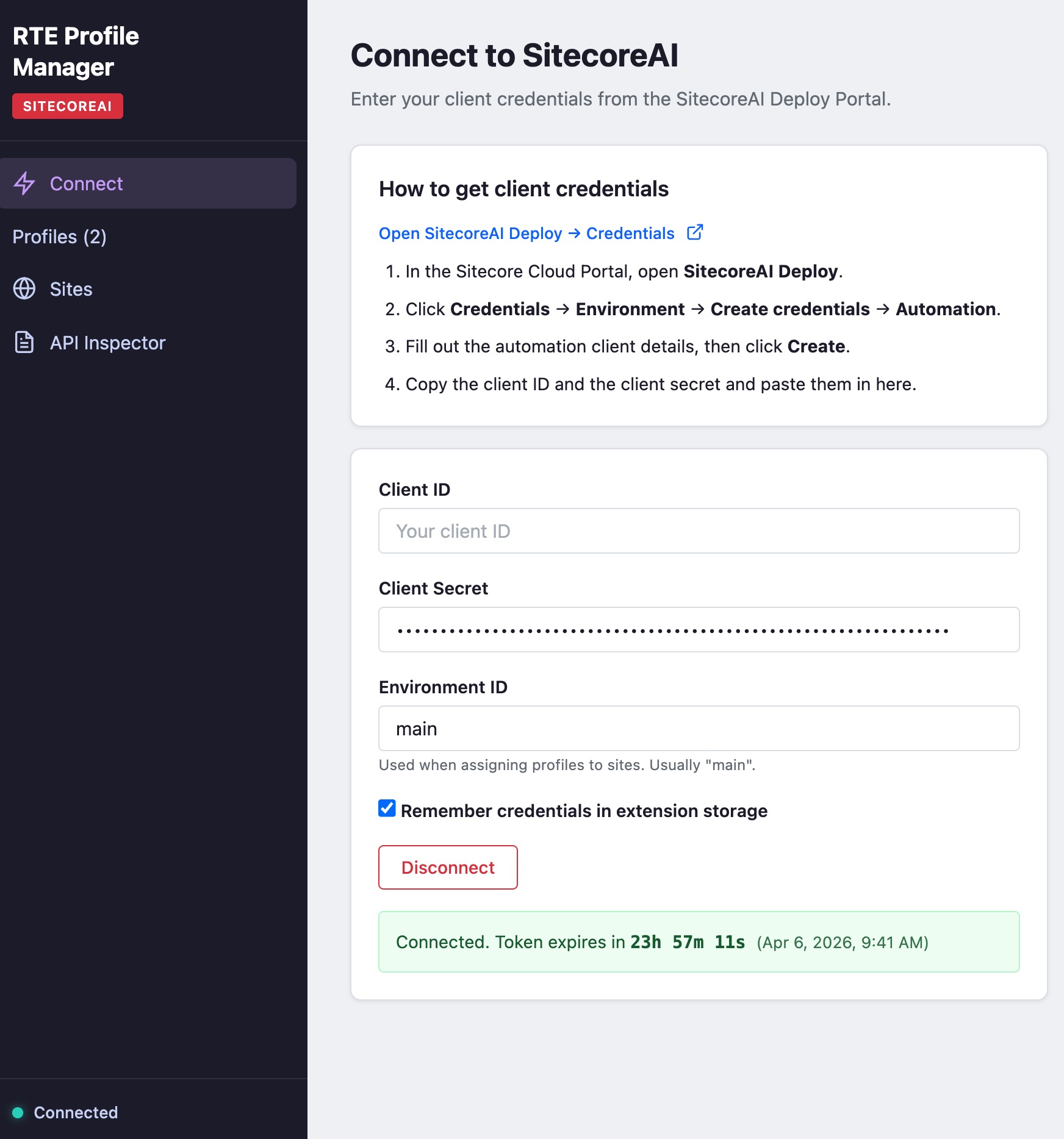 Connect screen in RTE Profile Manager — SitecoreAI client credentials and connection status