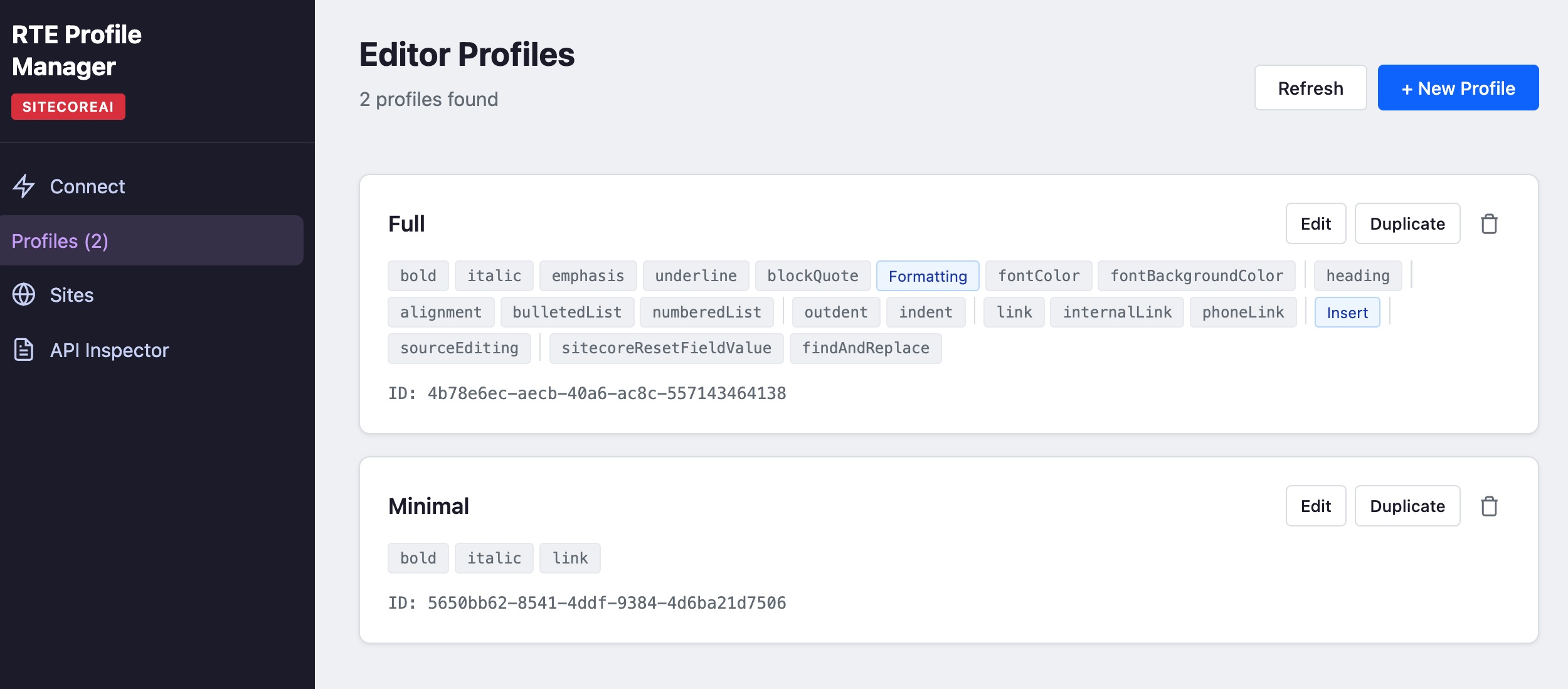 Editor Profiles list in RTE Profile Manager — Full and Minimal profiles with toolbar feature tags