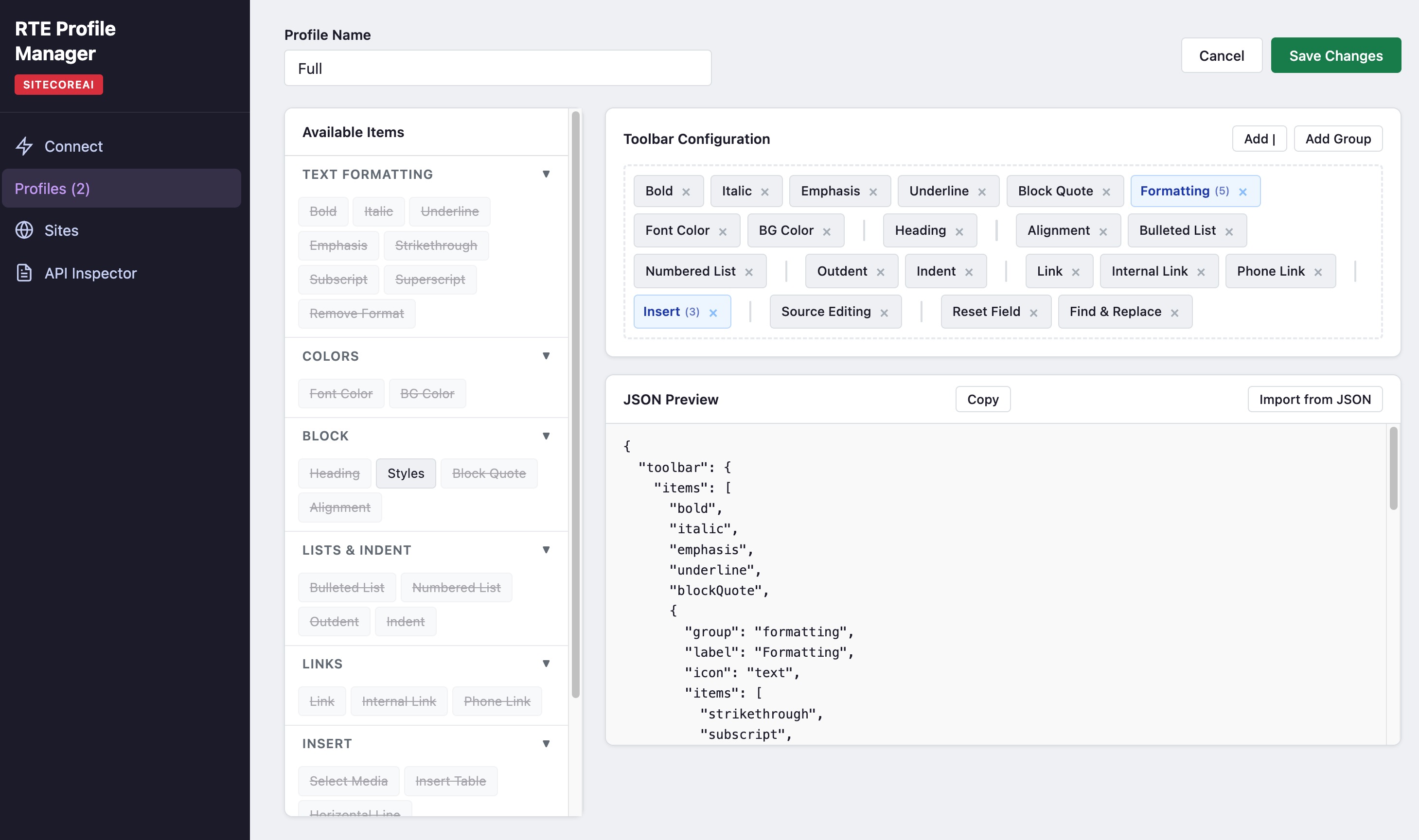 RTE Profile Editor in RTE Profile Manager — edit the toolbar configuration for a profile