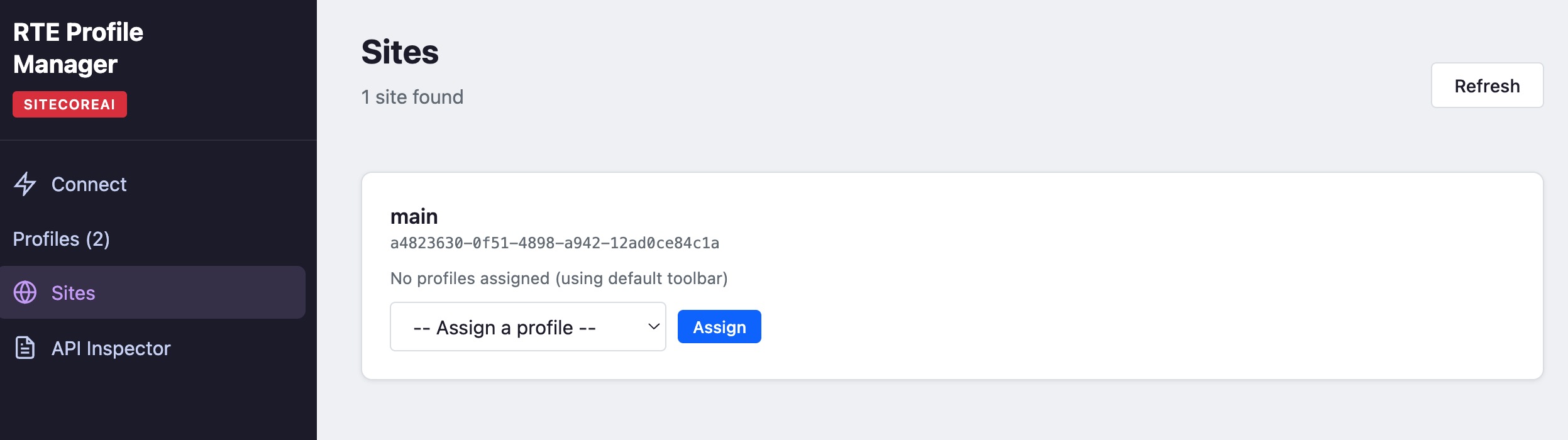 Sites view in RTE Profile Manager — assign a profile to a site or use the default toolbar