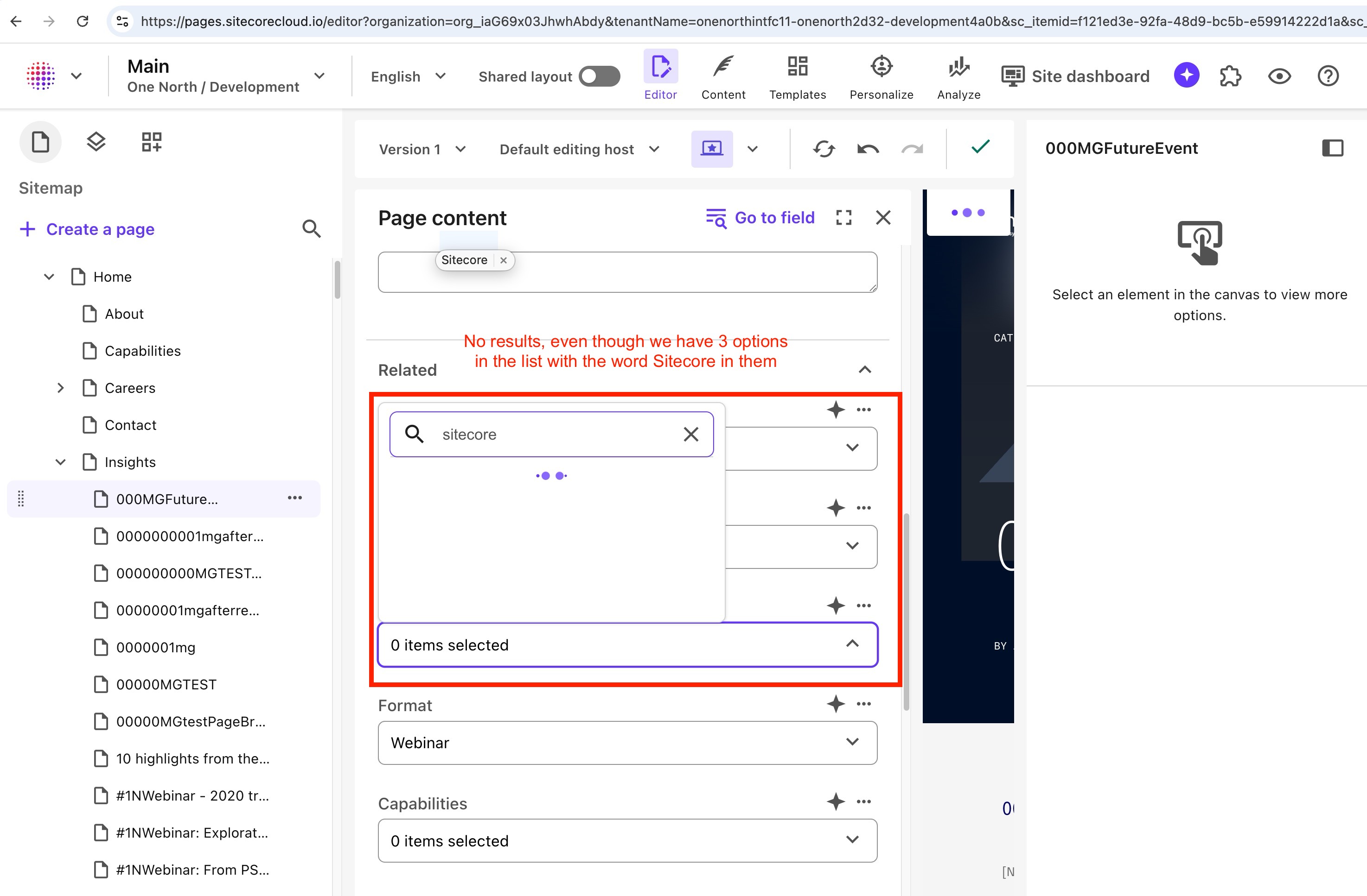 Searching for "Sitecore" in the Multilist with Search field in Pages