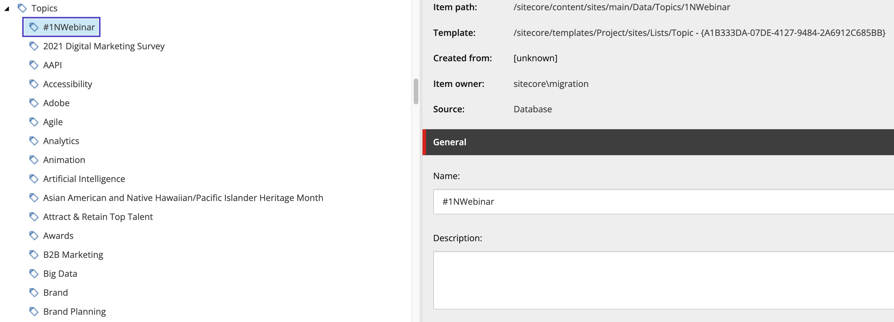 Topics list alpha sorted in the content tree